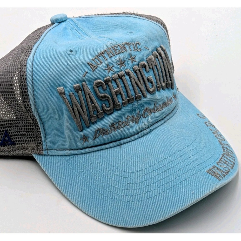 Washington DC Trucker Hat Distressed Light Blue Gray Mesh Souvenir Cap USA
